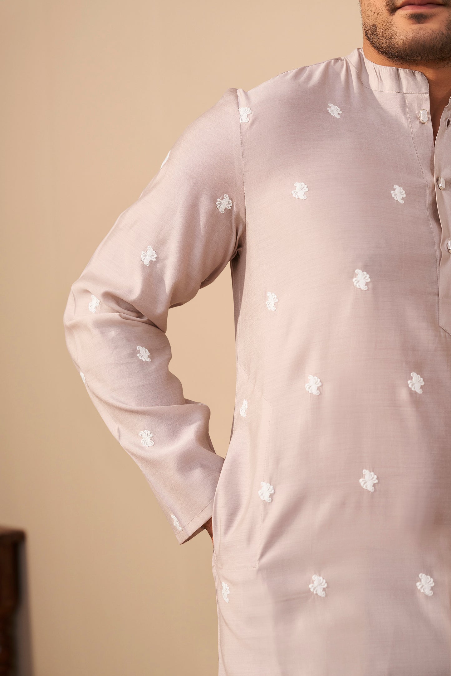 Light Beige Silk Embroidered Kurta Lifestyle Shot – Ethnoir India