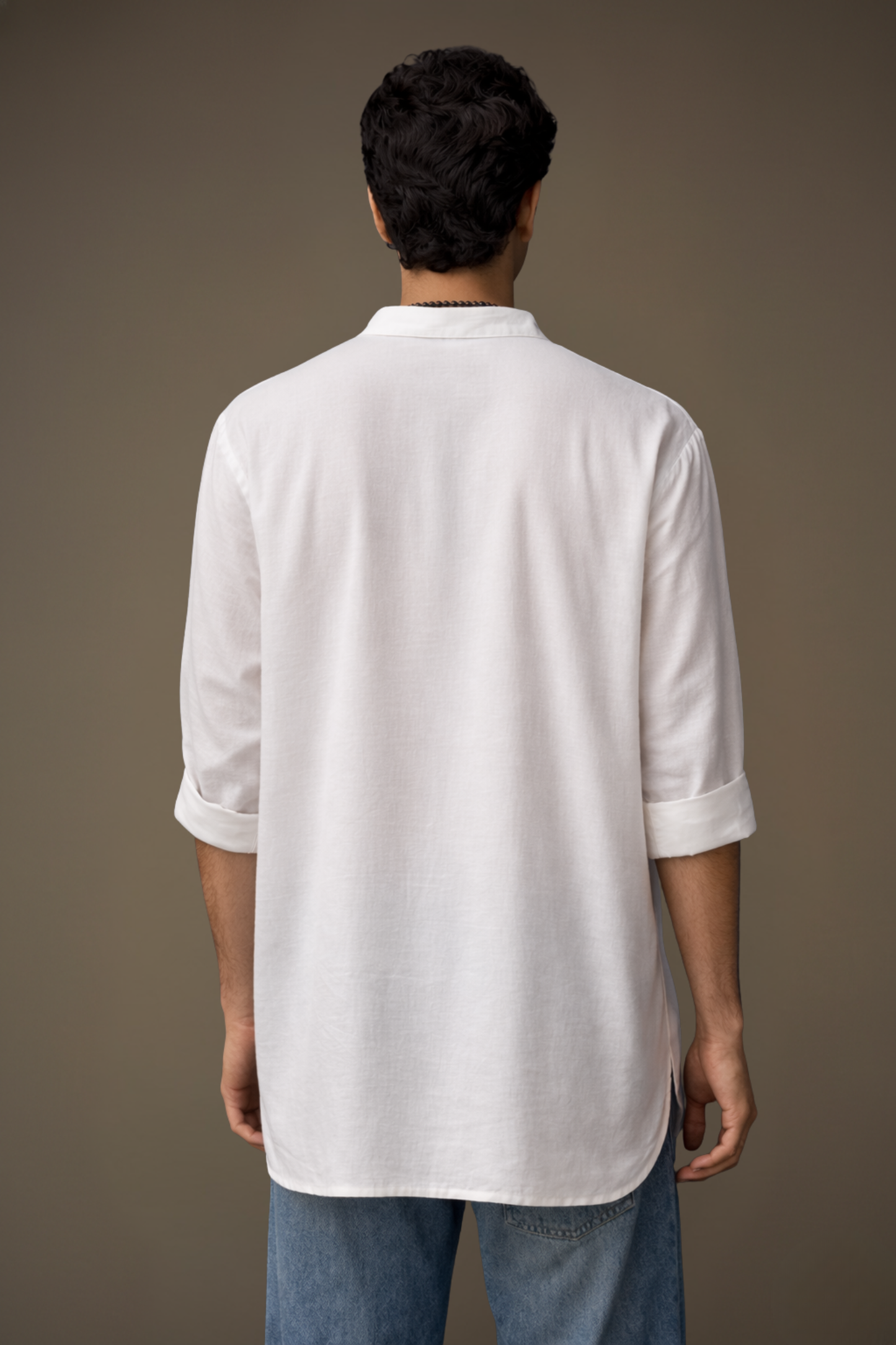 White Poly Linen Short Kurta Men Back View – Shirt Collar Ethnoir India