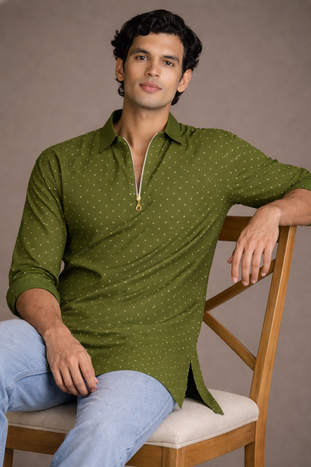 Green Bandhani Short Kurta for Men Back View – Muslin Ethnoir India