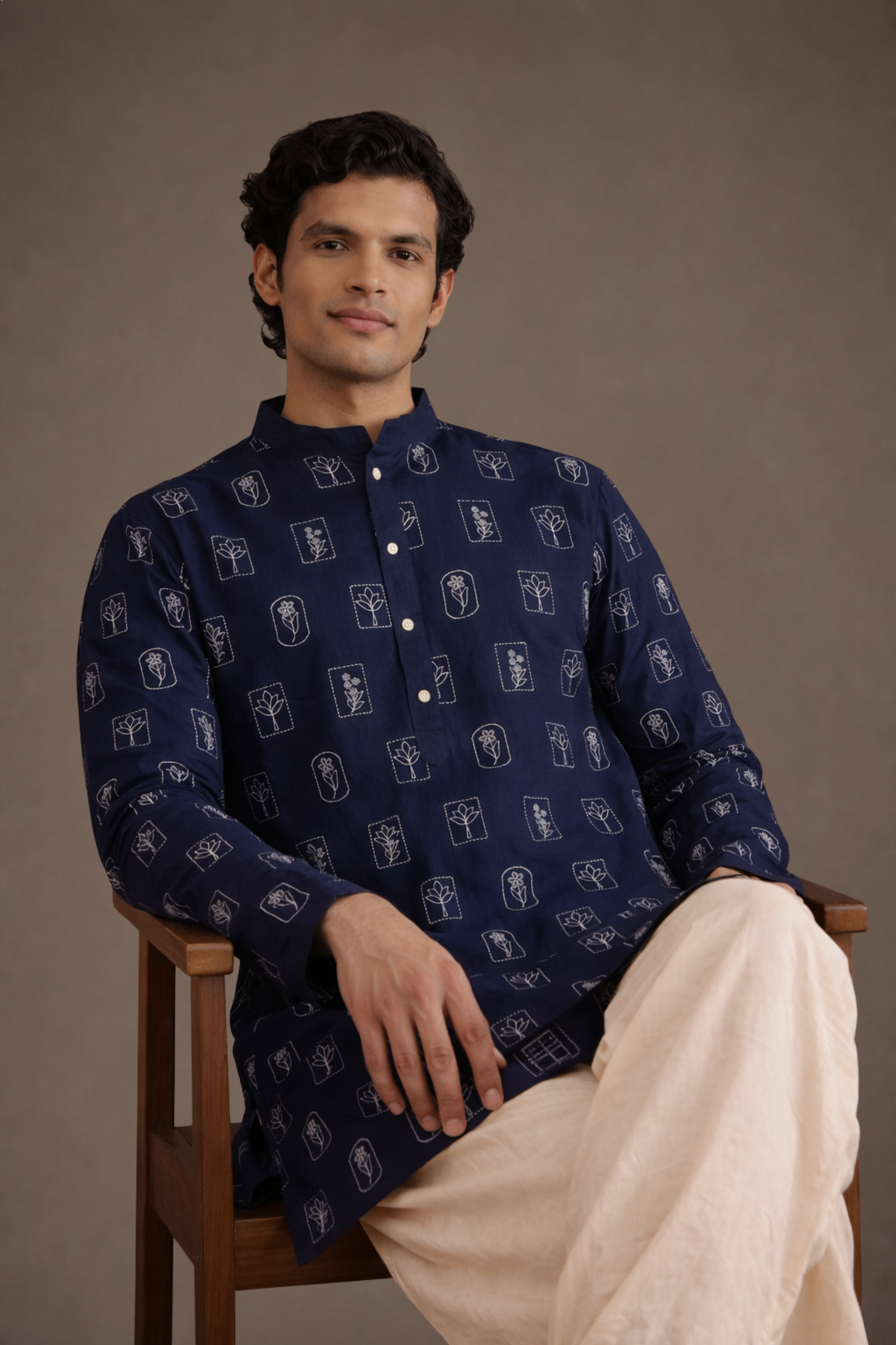 Blue Pure Cotton Kurta for Men Back View – Straight Cut Ethnoir India