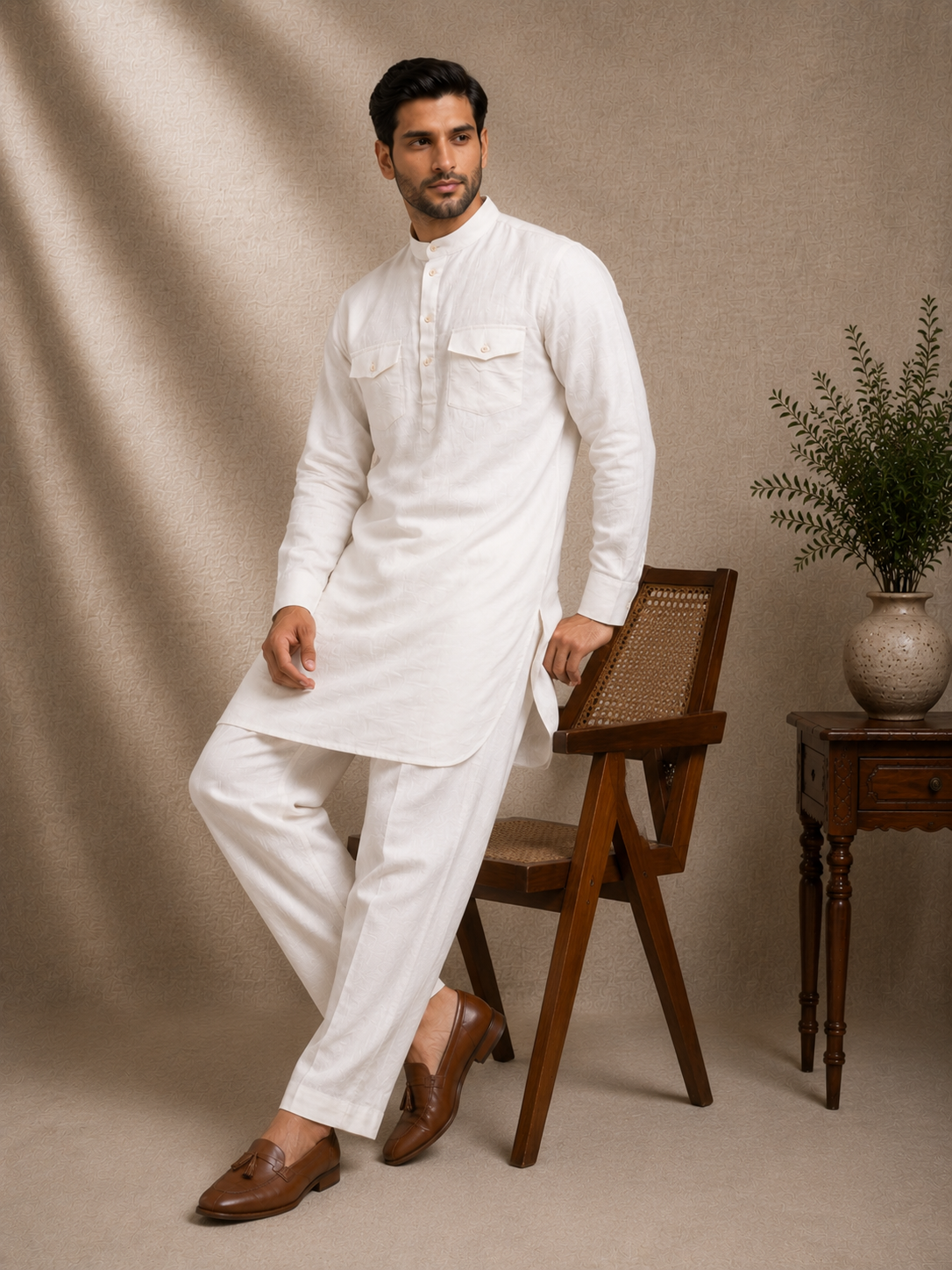 White linen pathani kurta set men festive wedding ethnic wear mandarin collar Ethnoir premium co-ord