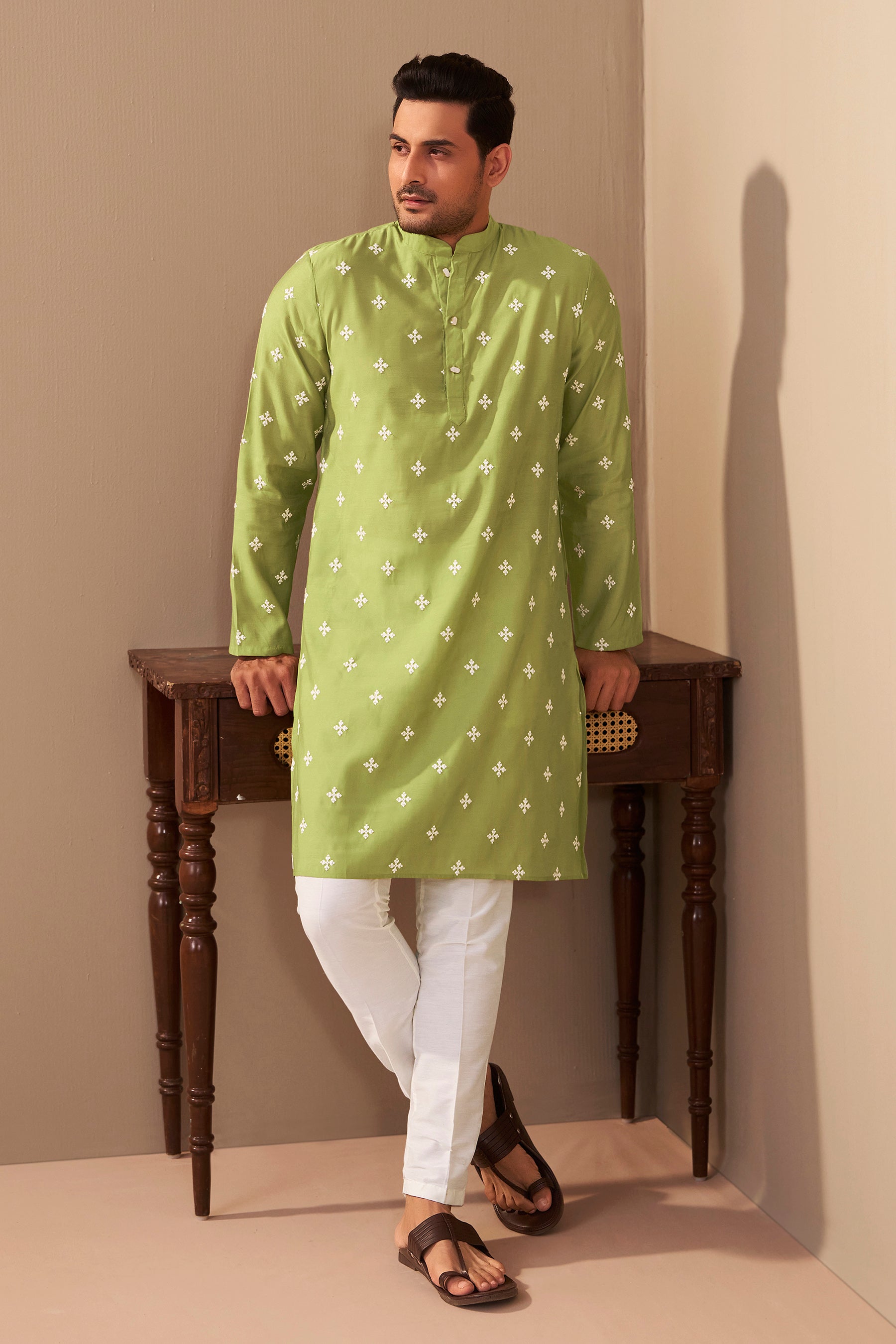 Mint Green Silk Embroidered Mandarin Collar Kurta for Men – Ethnoir