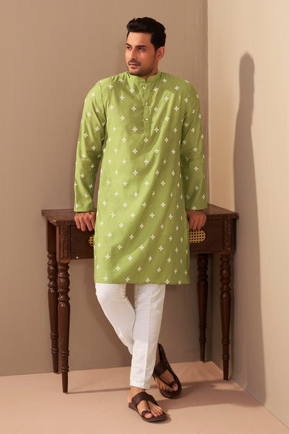 Mint Green Silk Embroidered Mandarin Collar Kurta for Men – Ethnoir