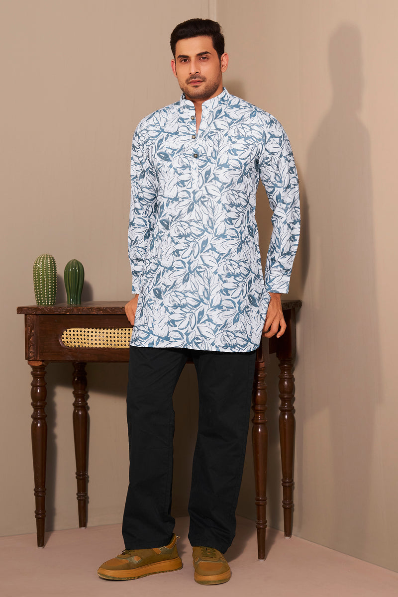 Azure Blue Leaf Print Short Kurta for Men – Fresh Modern Ethnoir
