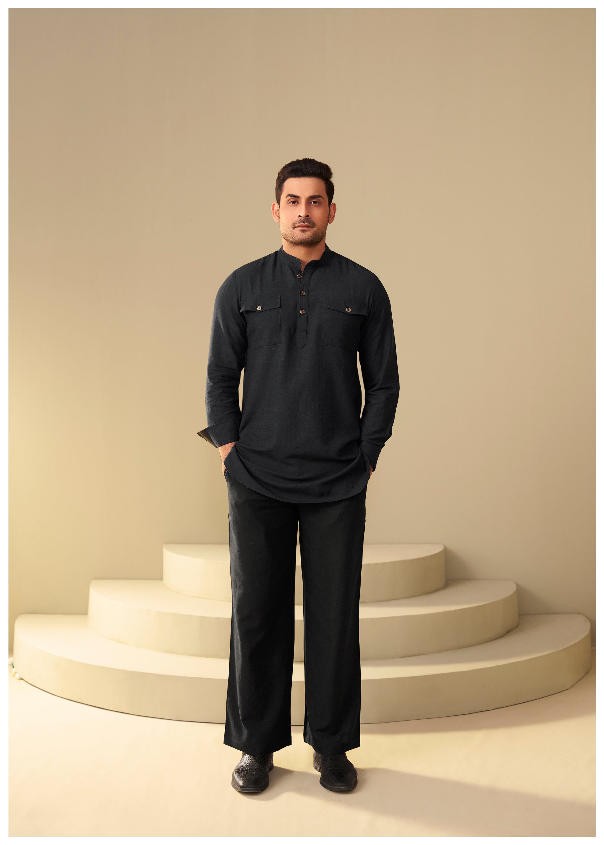 Jet Black Linen Co-Ord Set for Men – Minimal Ethnic Wear by Ethnoir
