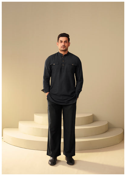 Jet Black Linen Co-Ord Set for Men – Minimal Ethnic Wear by Ethnoir