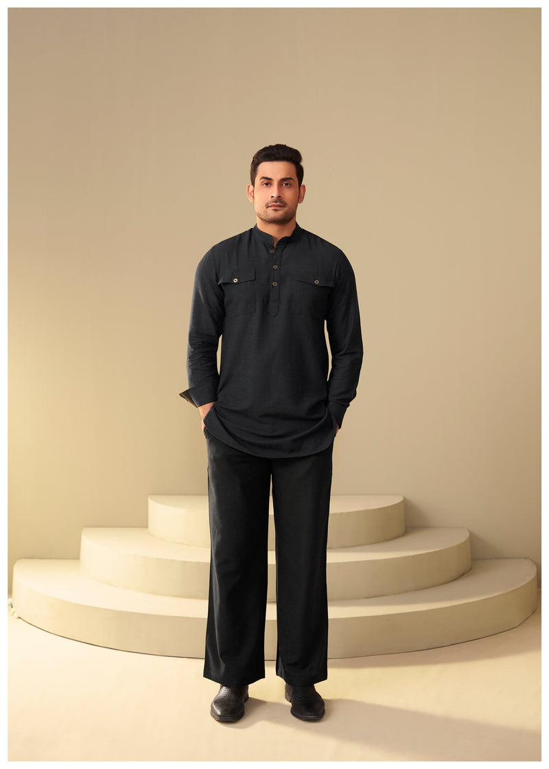 Jet Black Linen Co-Ord Set for Men – Minimal Ethnic Wear by Ethnoir