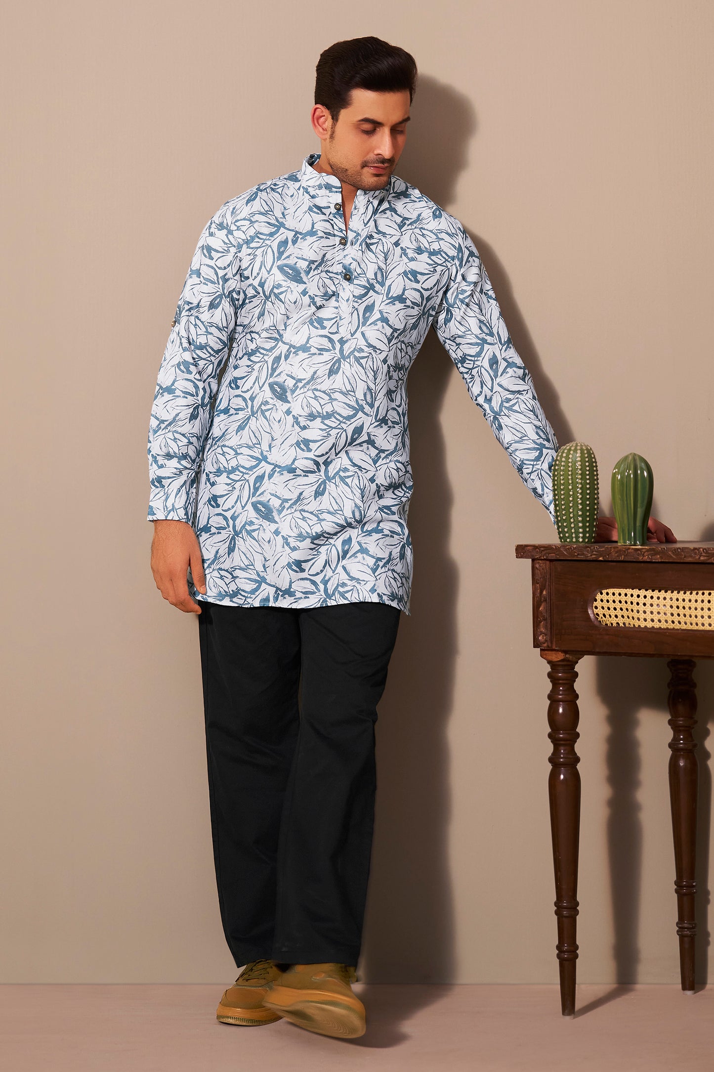 Azure Leaf Print Poly Linen Kurta Men – Casual Ethnic Wear Ethnoir India