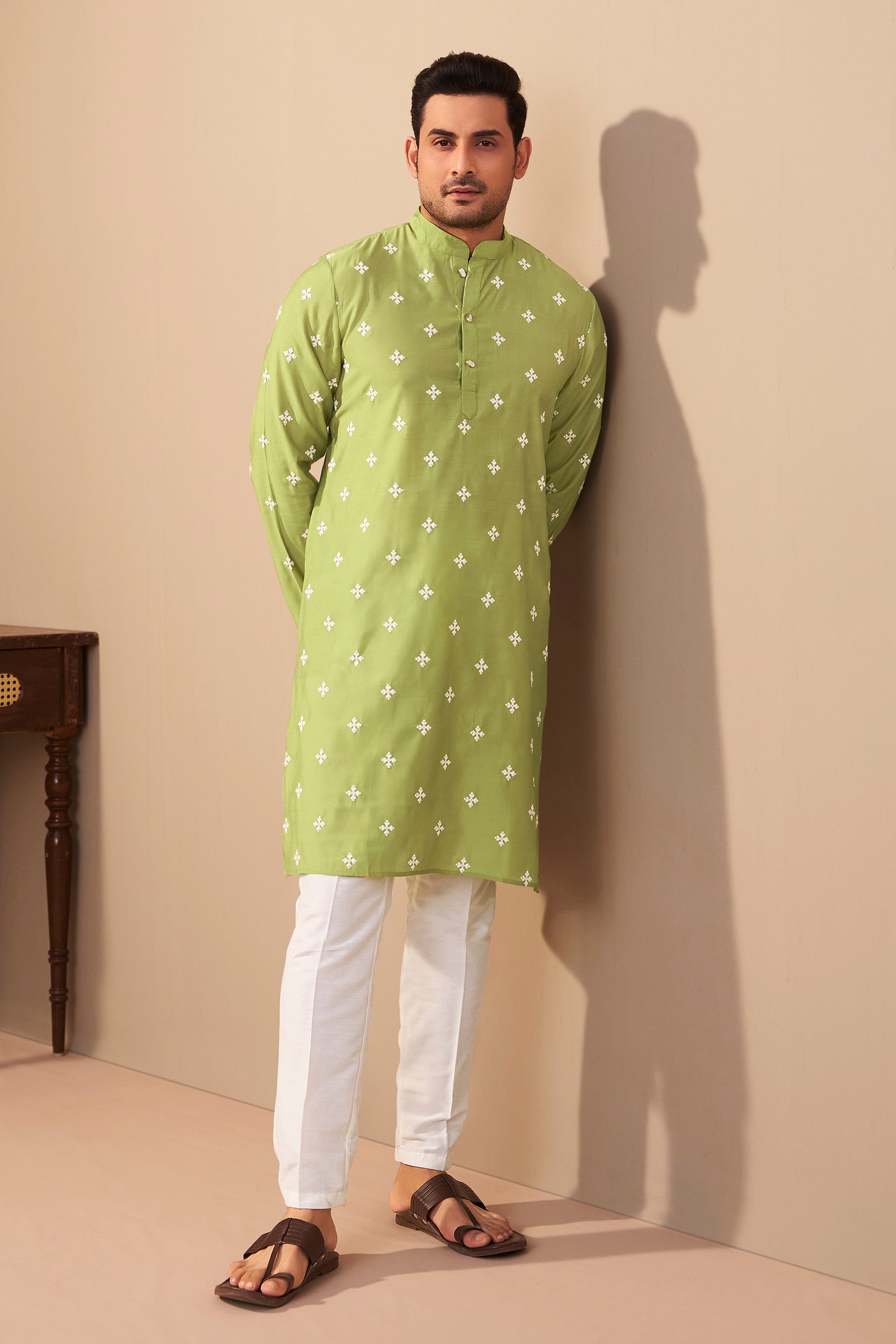 Mint Green Roman Silk Kurta Men Festive Elegant Ethnic Wear – Ethnoir India
