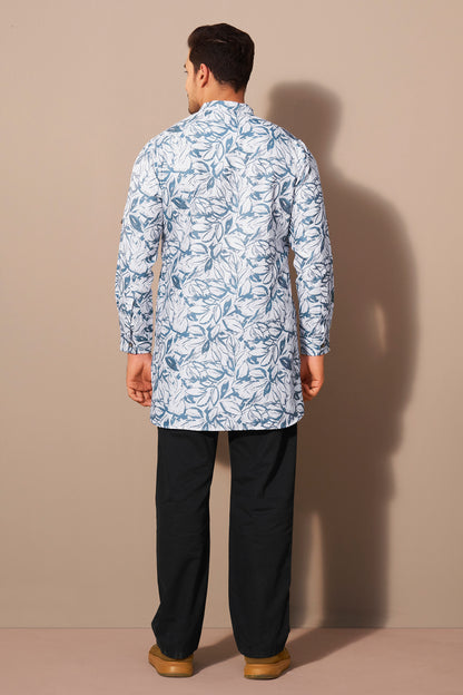 Azure Blue Leaf Print Short Kurta Men Side View – Ethnoir India