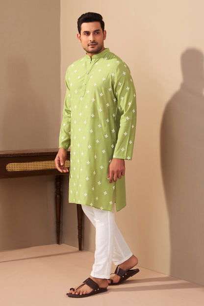 Mint Green Roman Silk Kurta for Men Side View – Ethnoir India