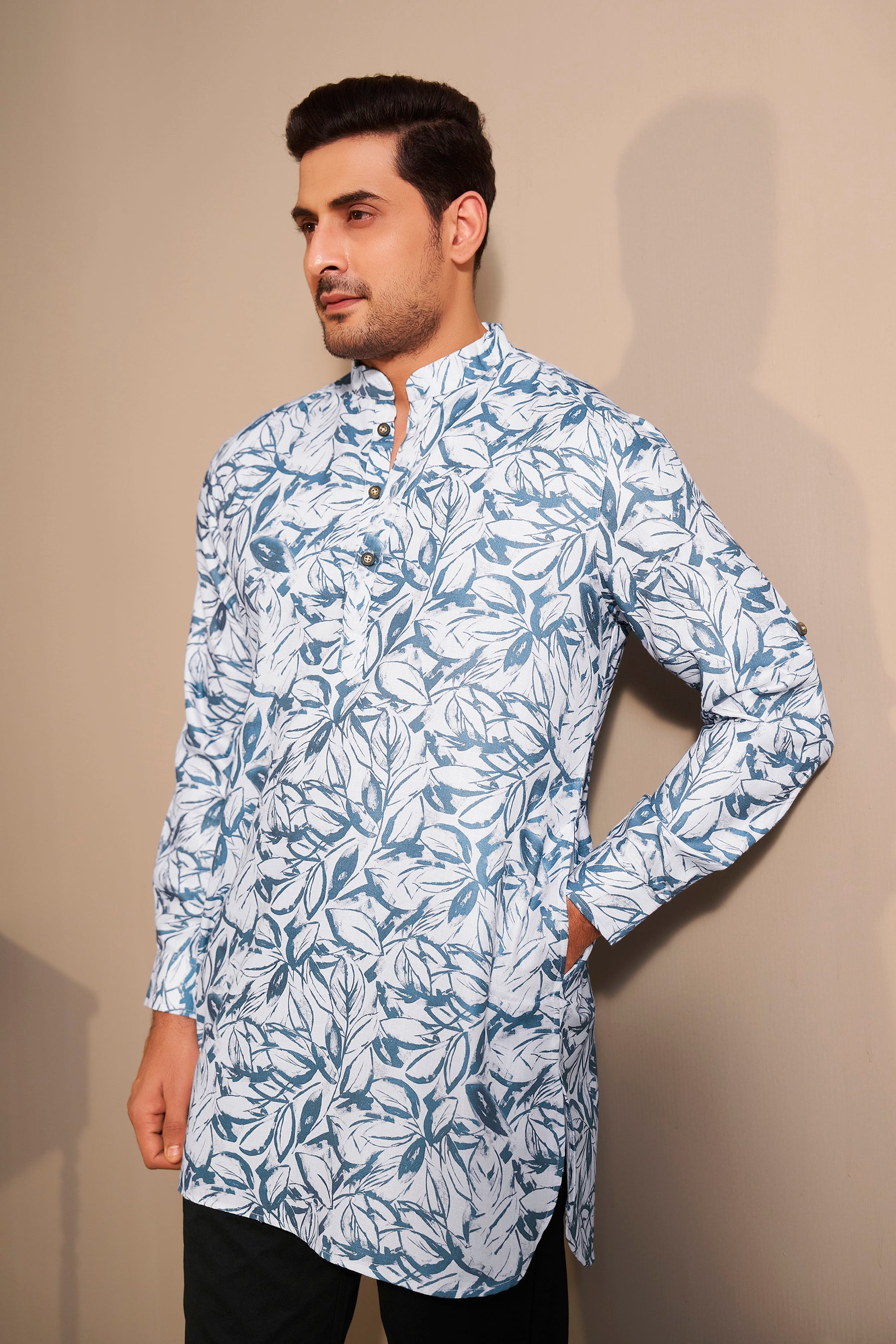 Azure Blue Leaf Print Kurta Men Detail – Ethnoir Ethnic Wear