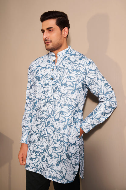 Azure Blue Leaf Print Kurta Men Detail – Ethnoir Ethnic Wear