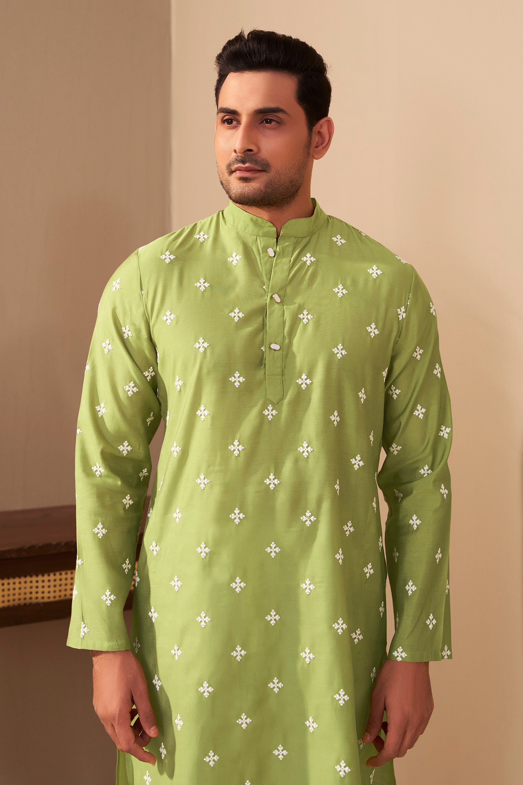 Mint Green Silk Kurta Men Detail – Festive Ethnic Ethnoir India