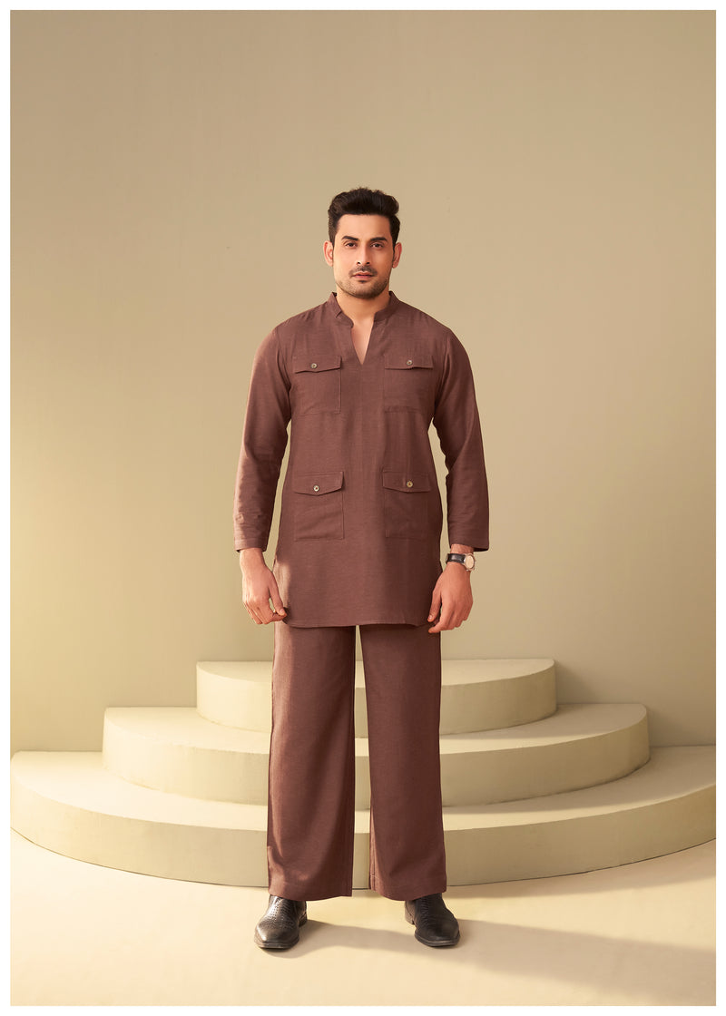 Brown 4-Pocket Linen Co-Ord Set for Men – Utility Fit Ethnoir