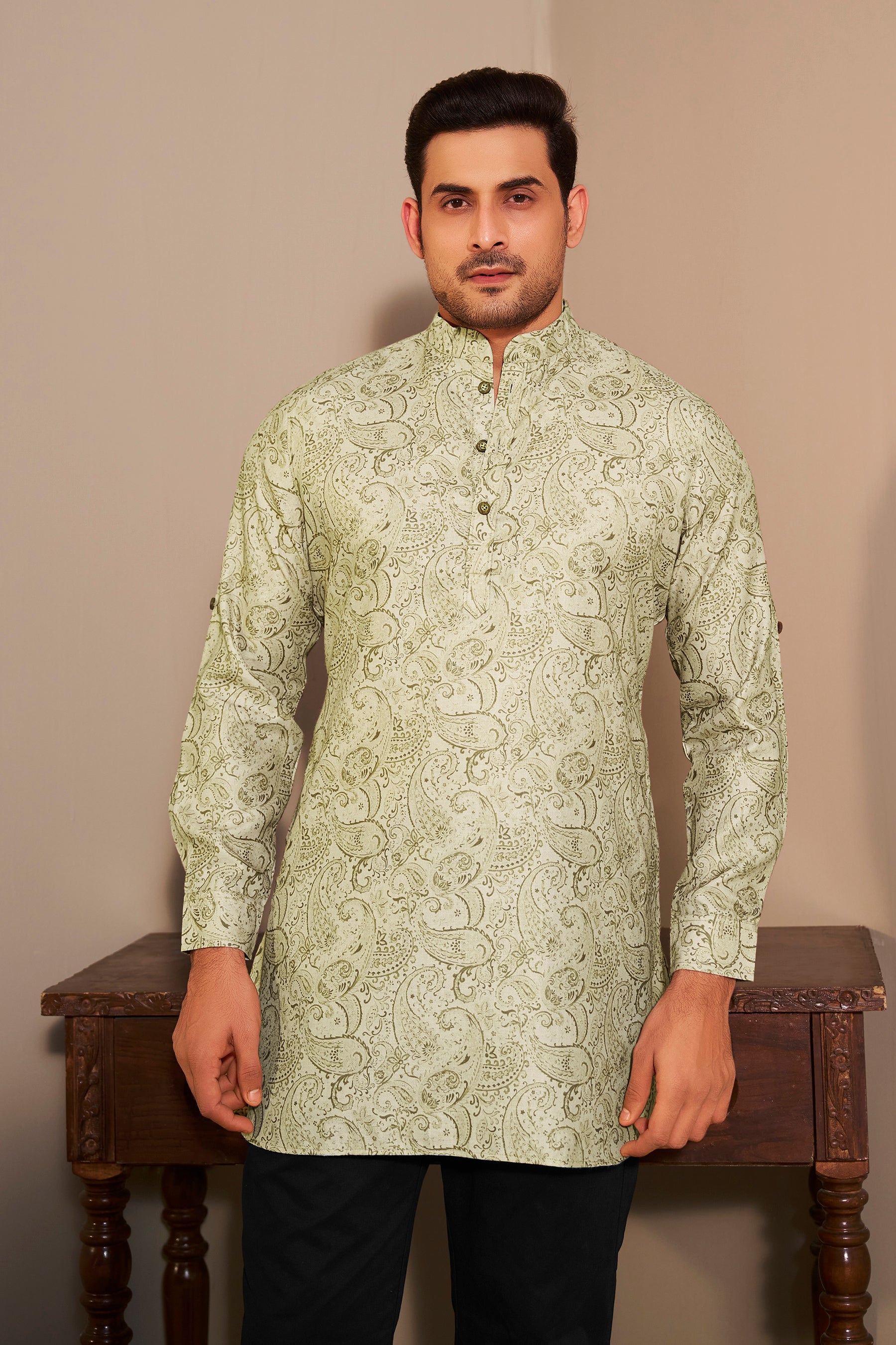 Green Paisley Printed Kurta Men Casual Ethnic Wear – Ethnoir India