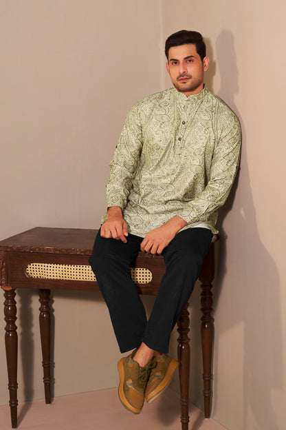 Light Green Paisley Short Kurta for Men Side View – Ethnoir India