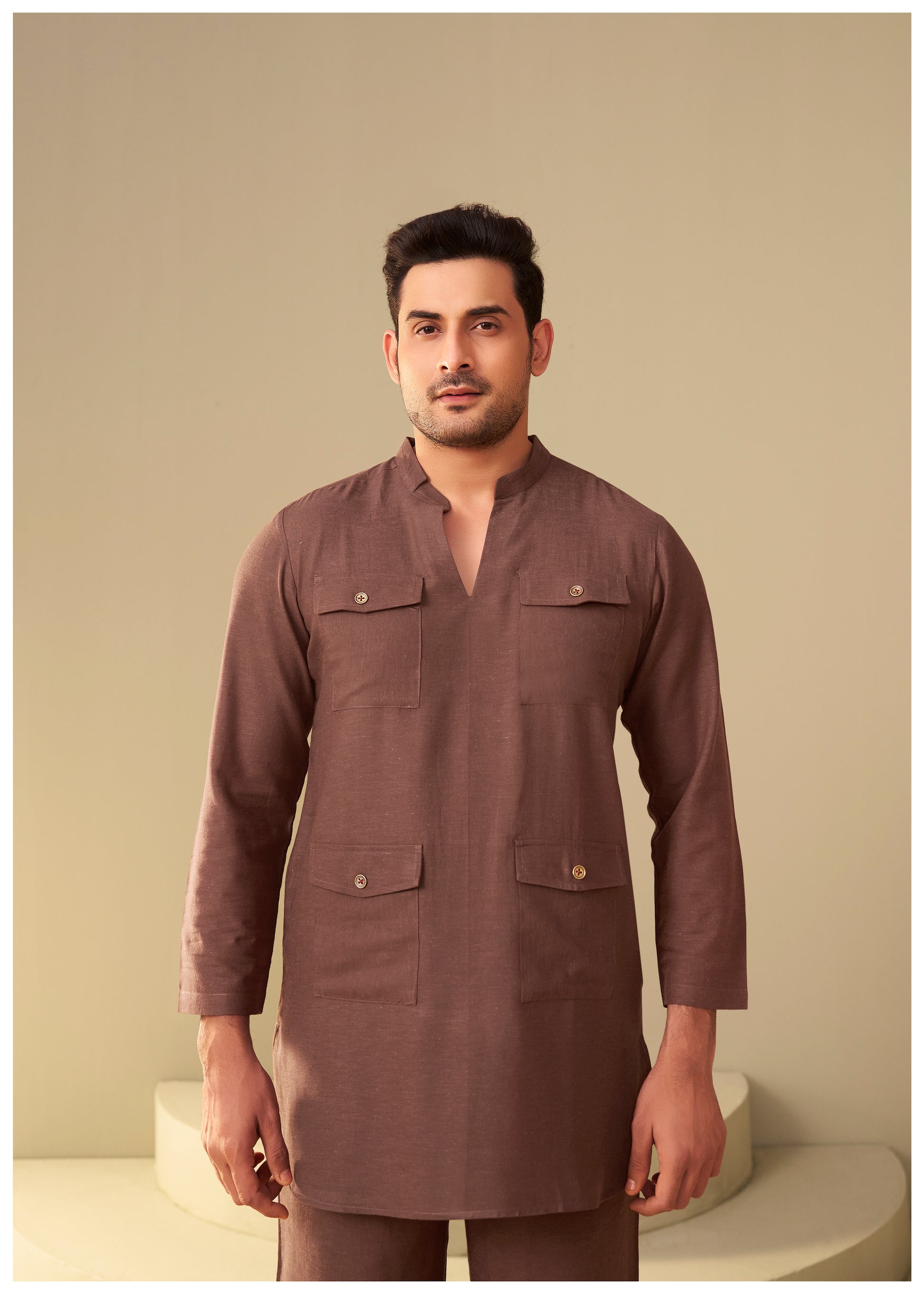 Brown 4-Pocket Linen Co-Ord Set Men Side View – Ethnoir India