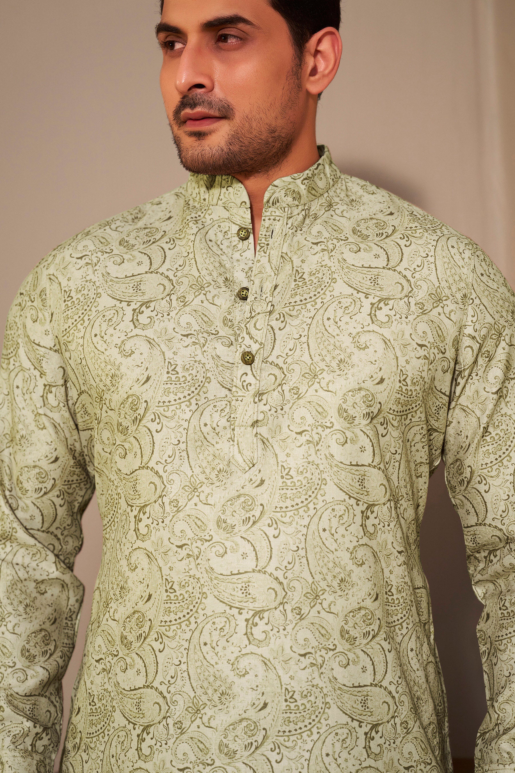 Green Paisley Short Kurta Men Detail – Mandarin Collar Ethnoir