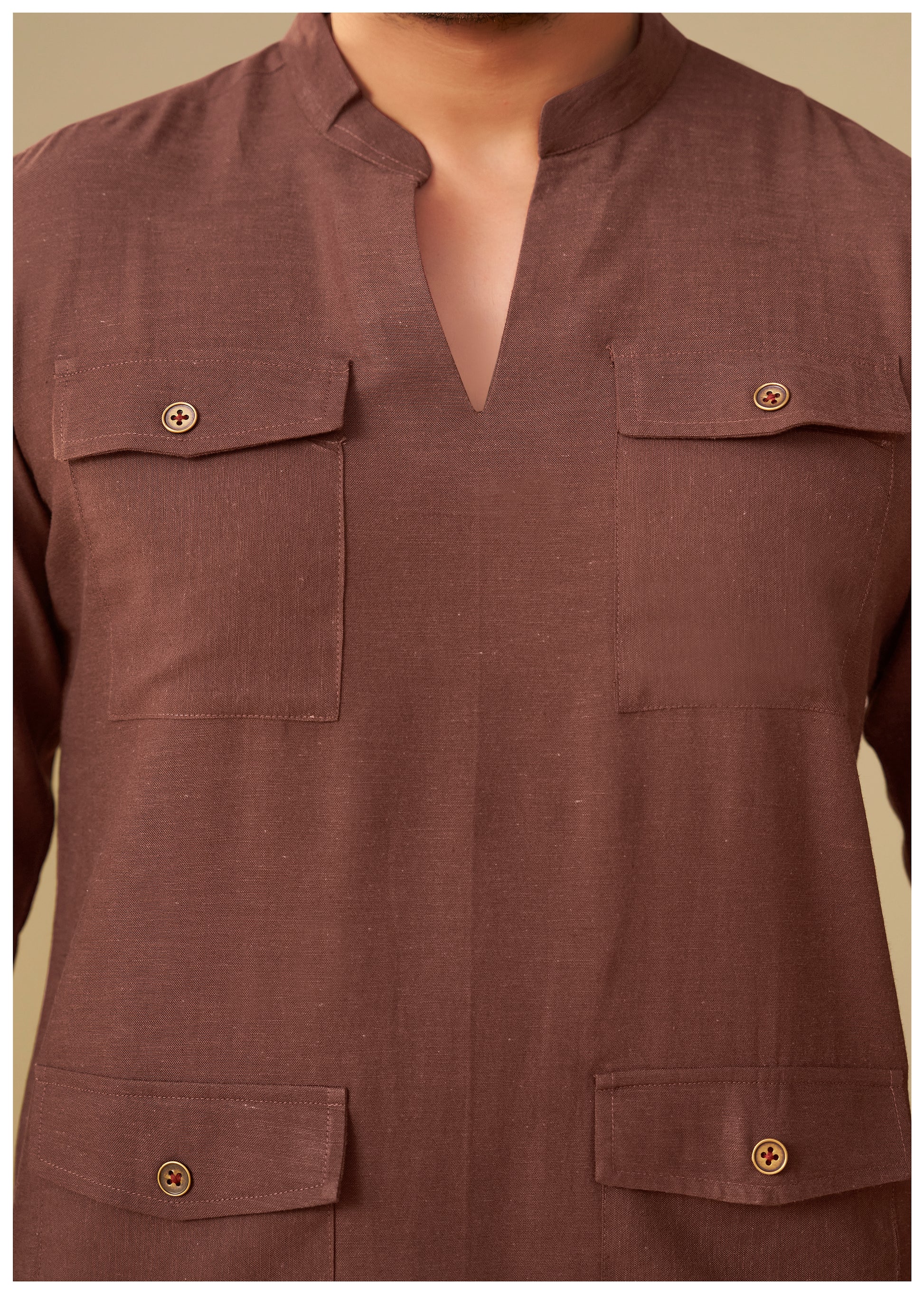 Brown Linen Kurta Set Men Full Length – Pocket Detail Ethnoir India