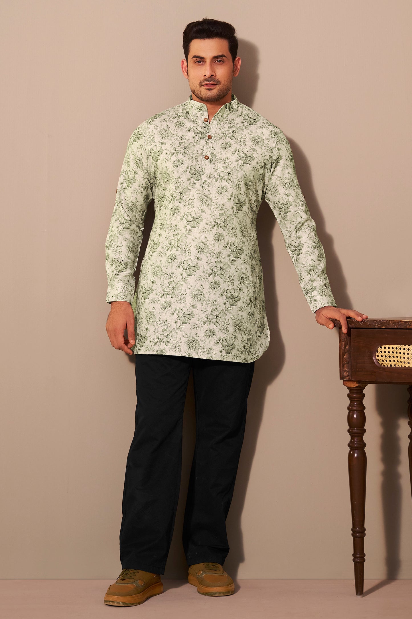Olive Printed Short Kurta Men Casual Ethnic Wear – Ethnoir India