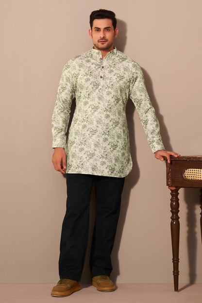 Olive Printed Short Kurta Men Casual Ethnic Wear – Ethnoir India