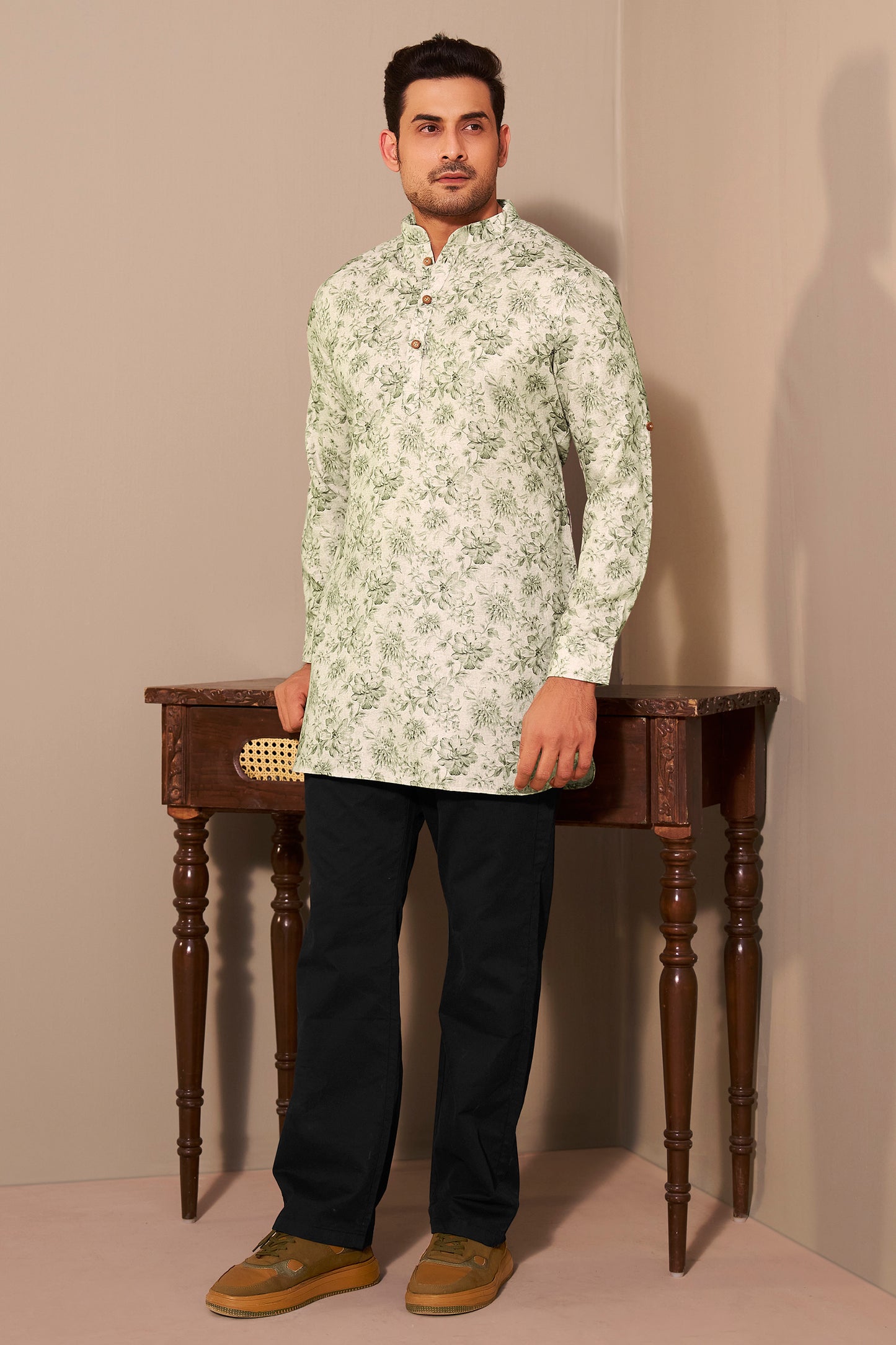 Olive Poly Linen Mandarin Collar Short Kurta – Ethnoir
