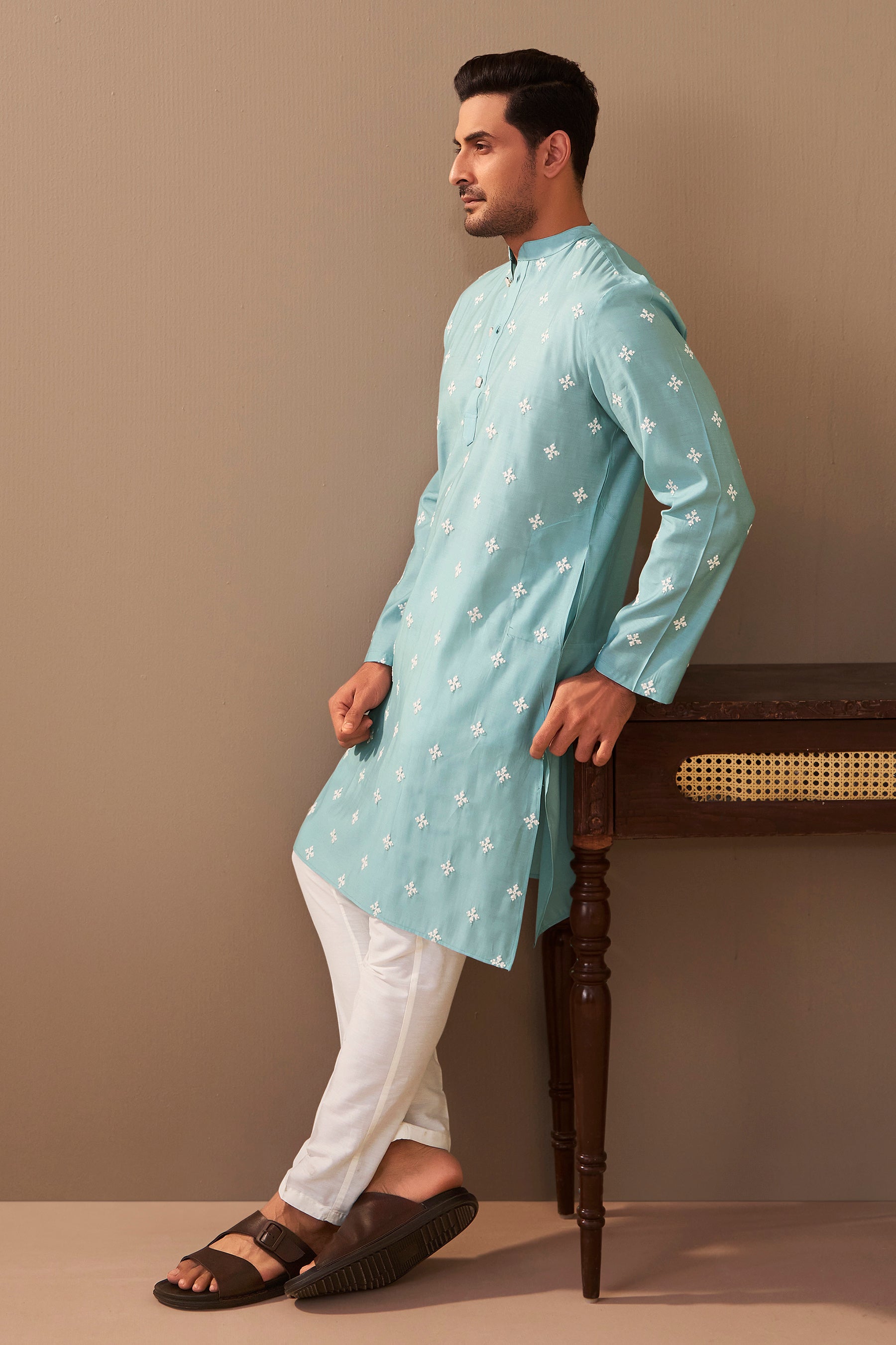 Sky Blue Roman Silk Kurta for Men Festive Wear – Ethnoir India