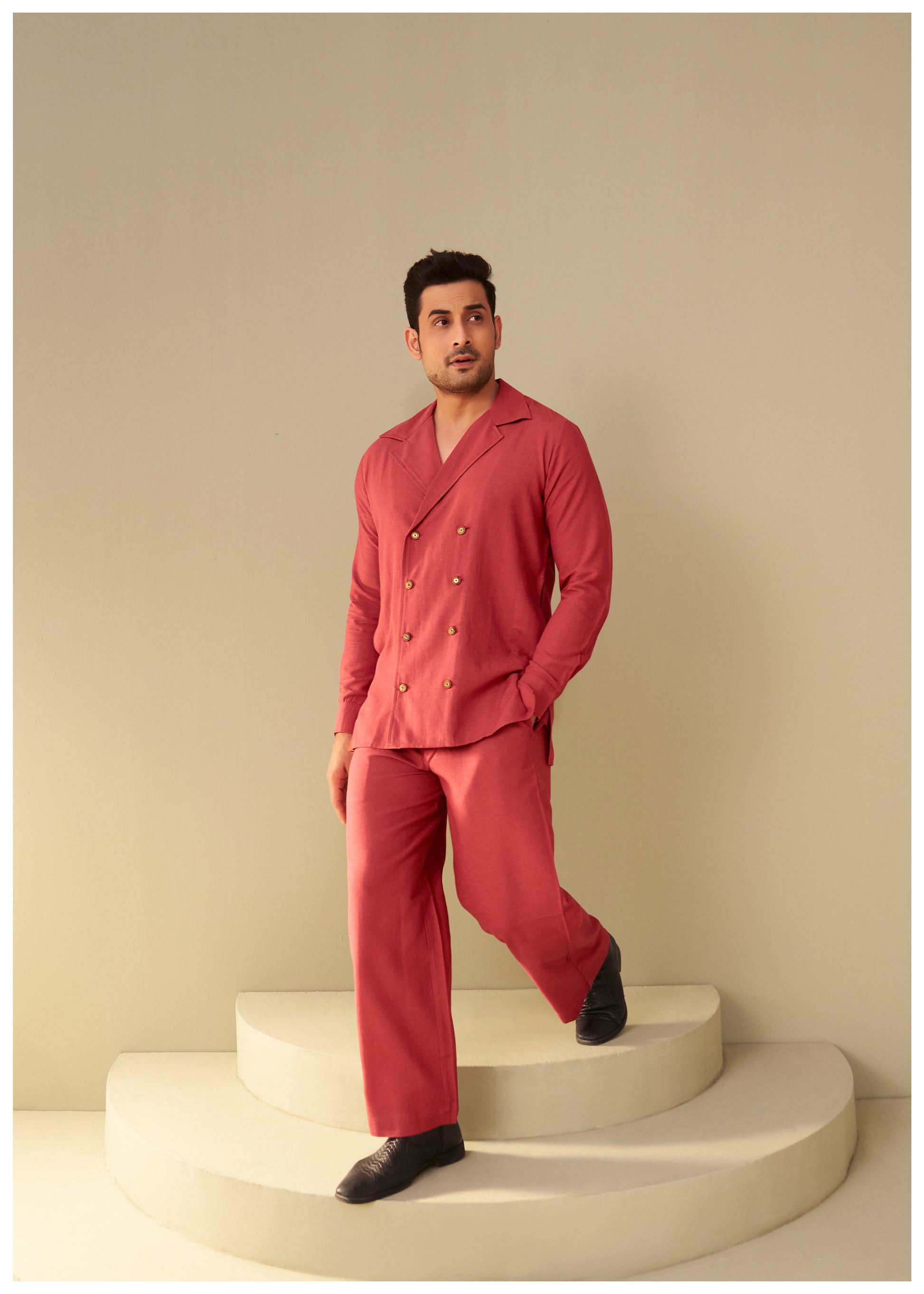 Rust Linen Double-Breasted Kurta Set Men – Premium Ethnic Wear India