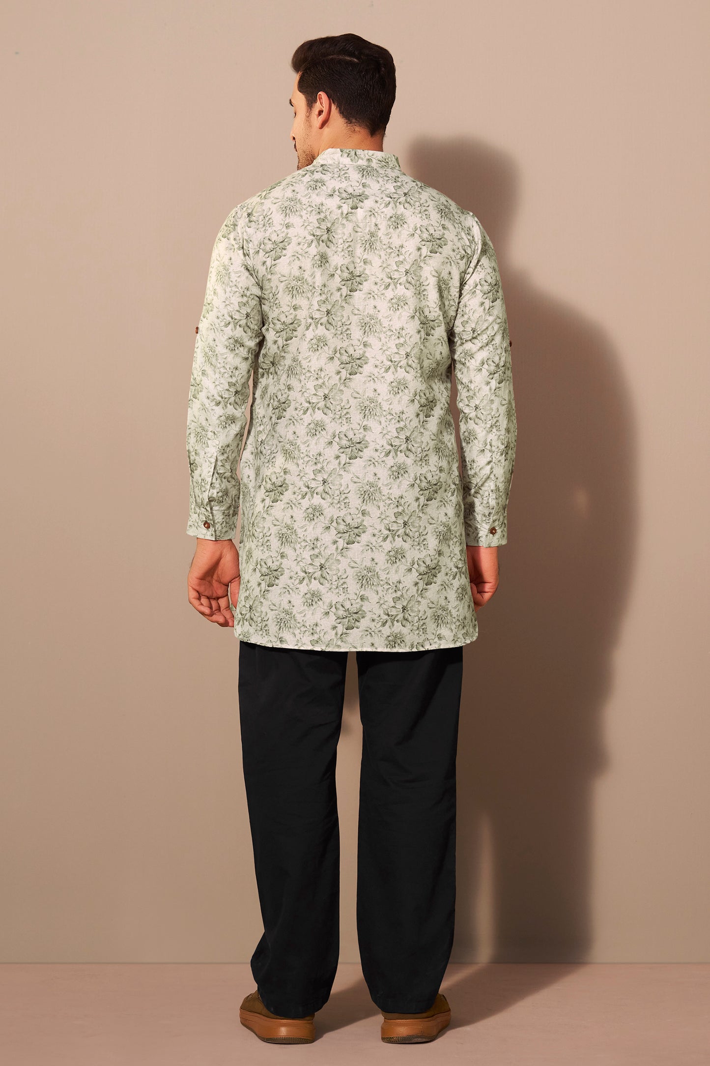 Olive Green Short Kurta for Men Back View – Mandarin Collar Ethnoir India