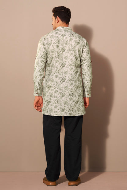 Olive Green Short Kurta for Men Back View – Mandarin Collar Ethnoir India