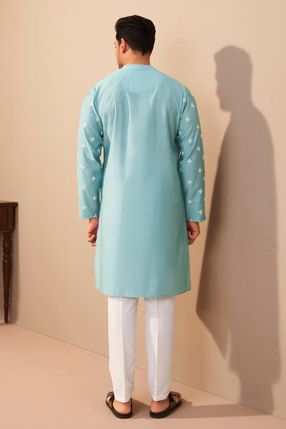 Sky Blue Embroidered Knee Length Kurta Men – Premium Ethnic Ethnoir