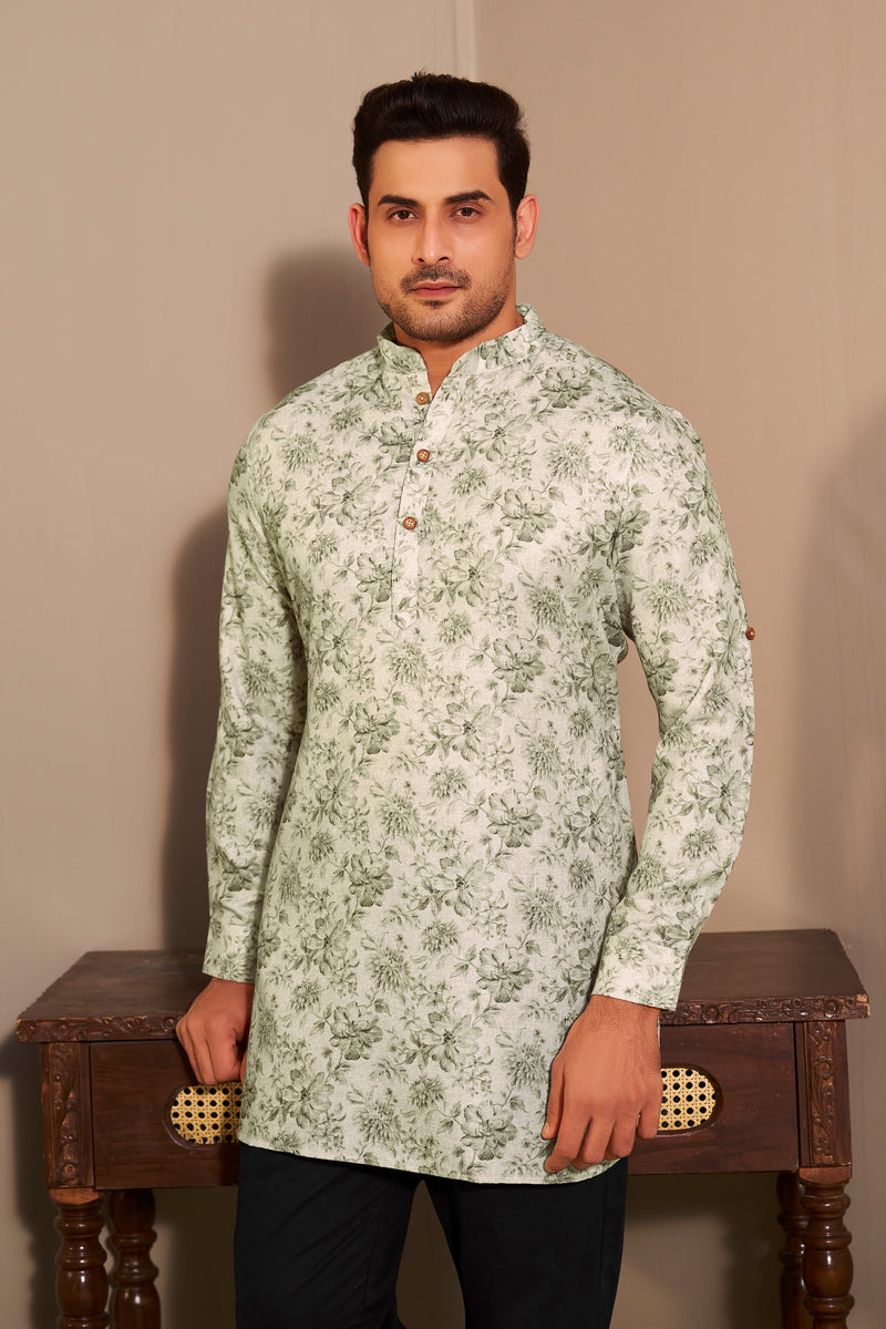 Olive Green Printed Short Kurta for Men – Mandarin Collar Ethnoir