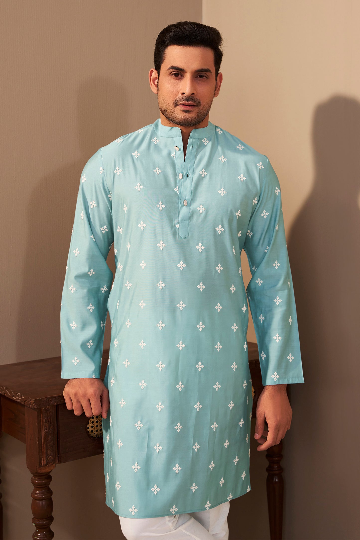 Sky Blue Silk Kurta for Men Back View – Roman Silk Embroidery Ethnoir
