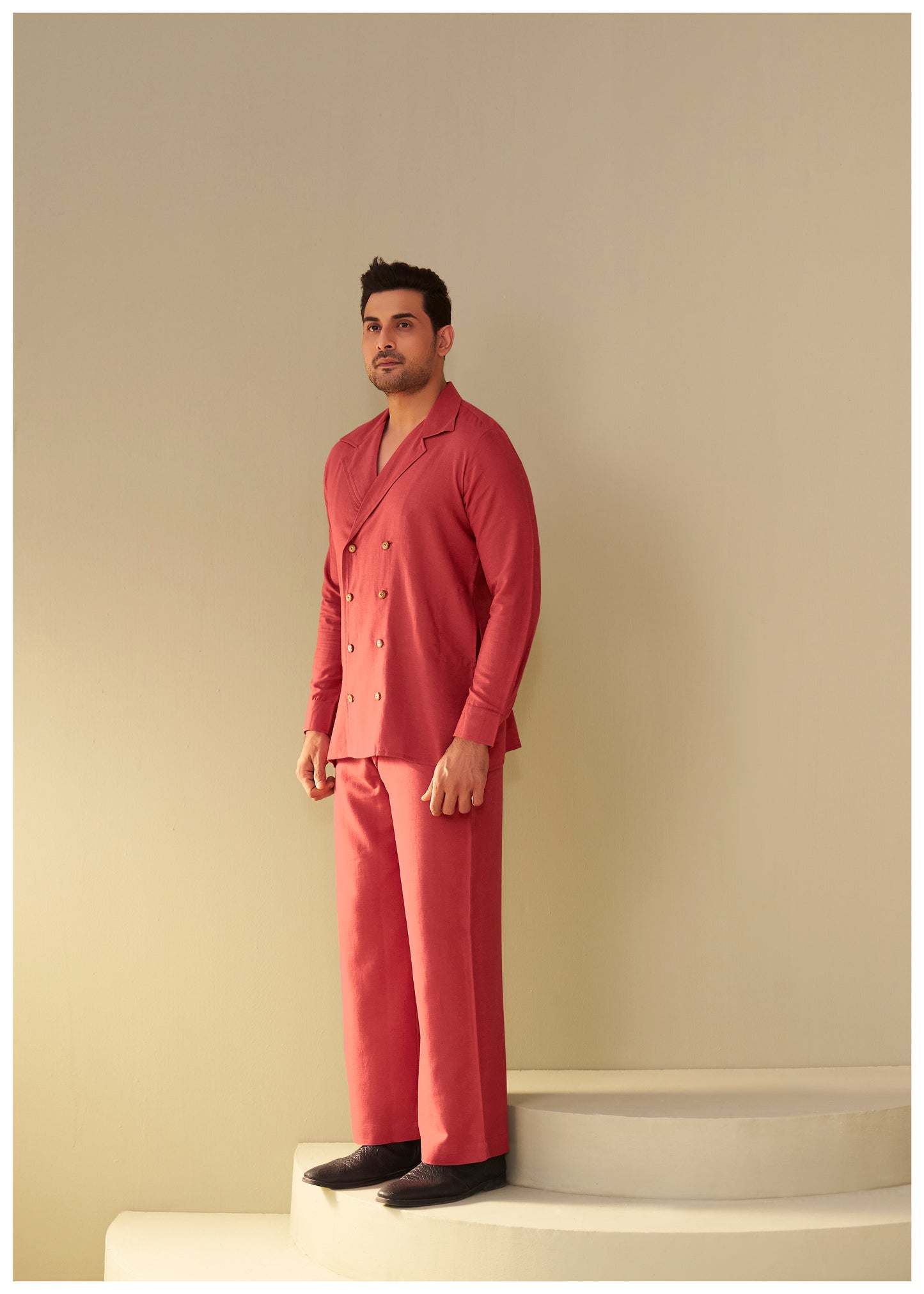 Rust Double-Breasted Linen Co-Ord Set Men Side View – Ethnoir India