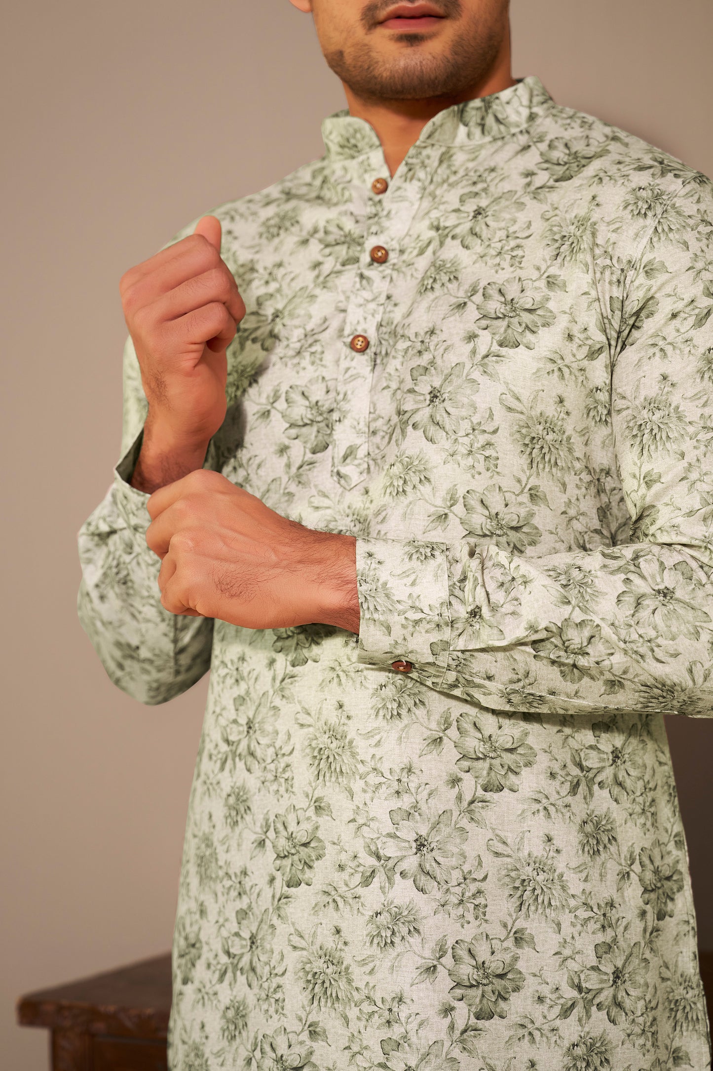 Olive Poly Linen Kurta Men Detail Close-Up – Ethnoir Ethnic Wear