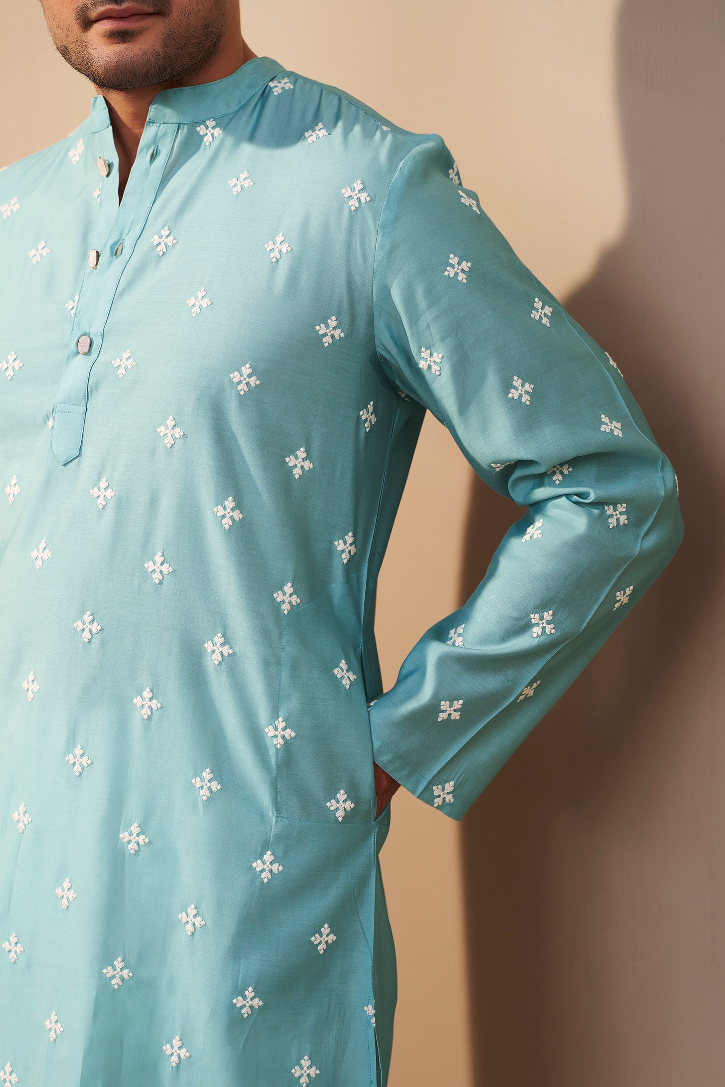 Sky Blue Roman Silk Kurta Men Full Length – Premium Ethnic Ethnoir India