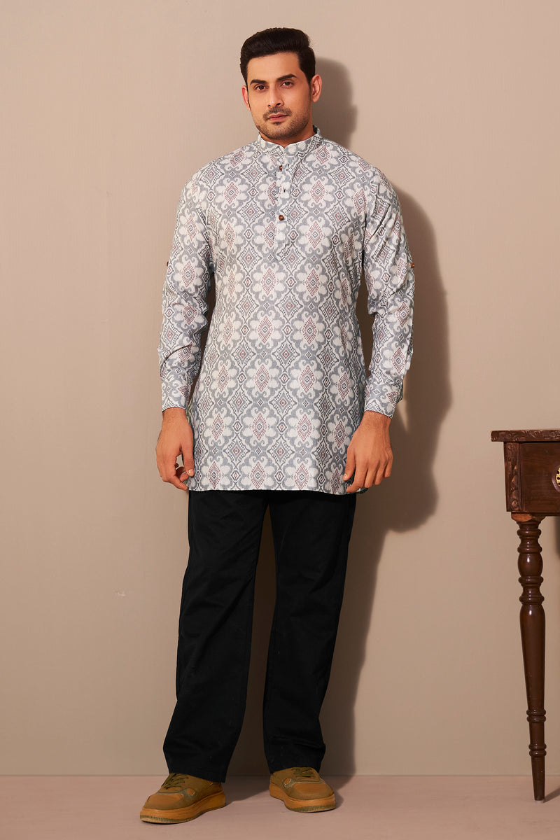 Ash Grey Classic Pattern Short Kurta for Men – Mandarin Collar Ethnoir