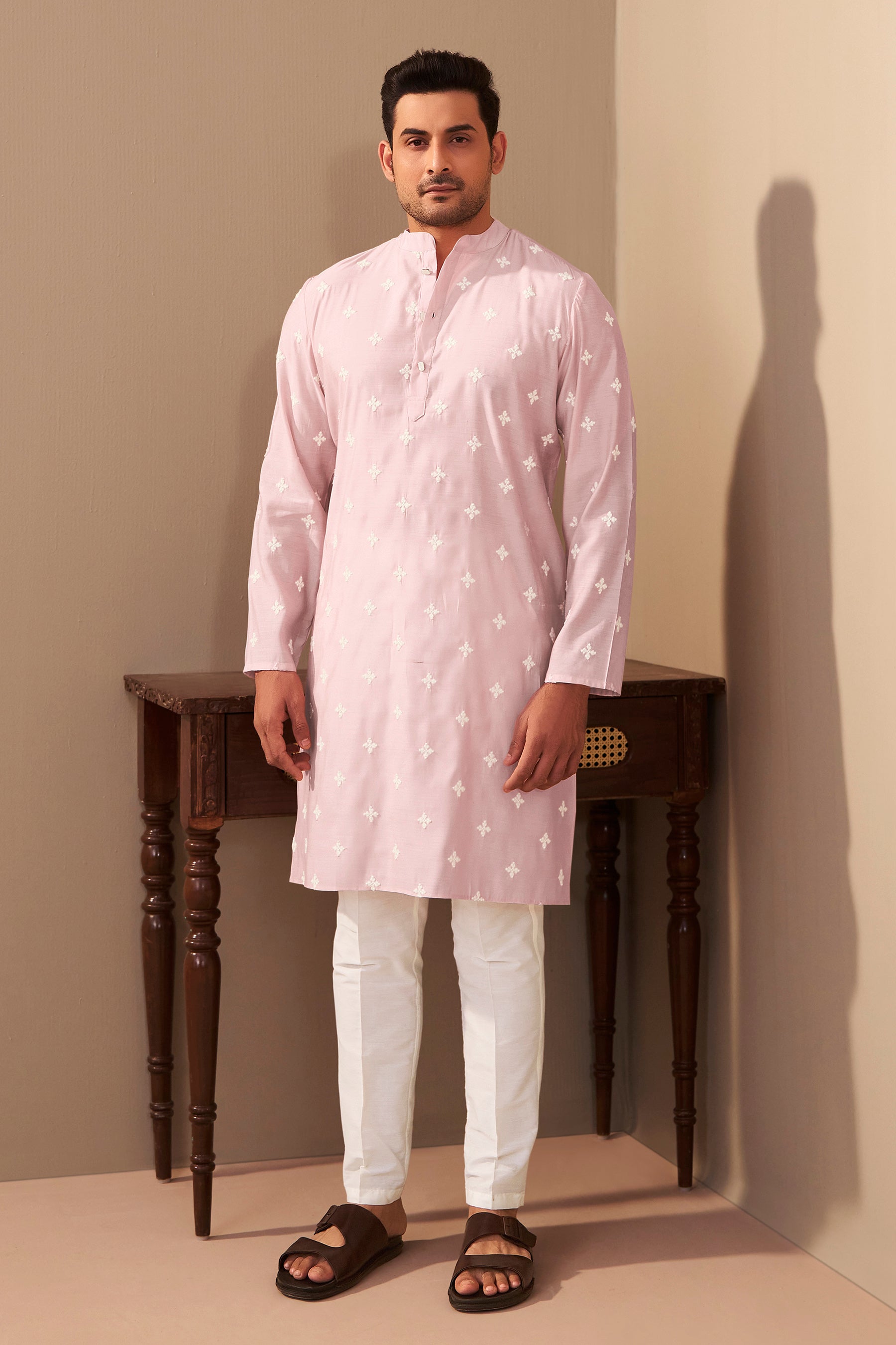 Pink Roman Silk Embroidered Kurta Men Wedding Festive Wear – Ethnoir India