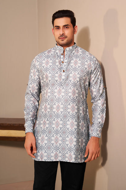 Grey Printed Short Kurta for Men Back View – Mandarin Collar Ethnoir