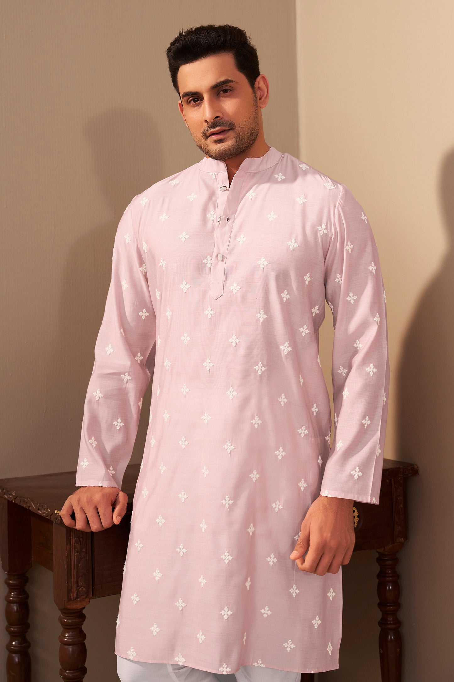 Light Pink Embroidered Kurta Men Back View – Mandarin Collar Ethnoir