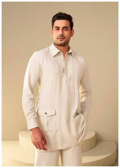 Sand Beige Cotton Linen Co-Ord Set Men Side View – Ethnoir India