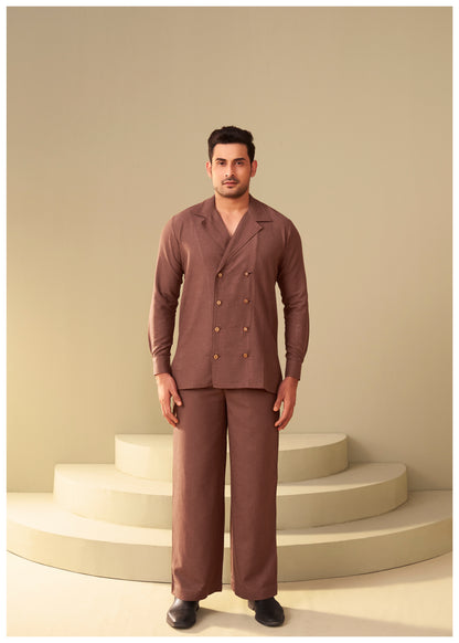 Brown Double-Breasted Linen Co-Ord Set for Men – Premium Fit Ethnoir