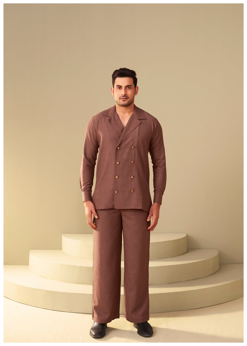Brown Double-Breasted Linen Co-Ord Set for Men – Premium Fit Ethnoir