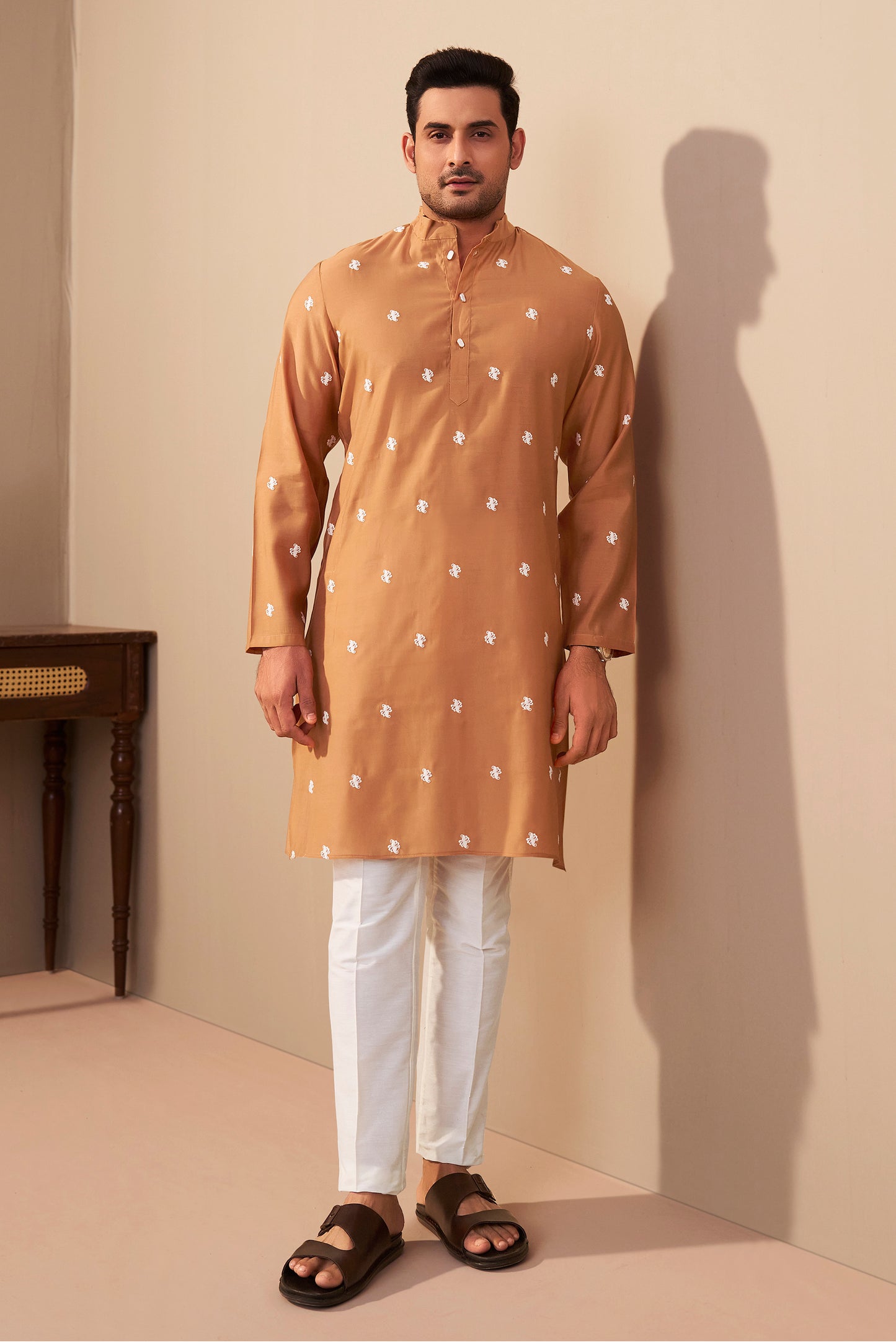 Orange Silk Embroidered Mandarin Collar Kurta for Men – Ethnoir