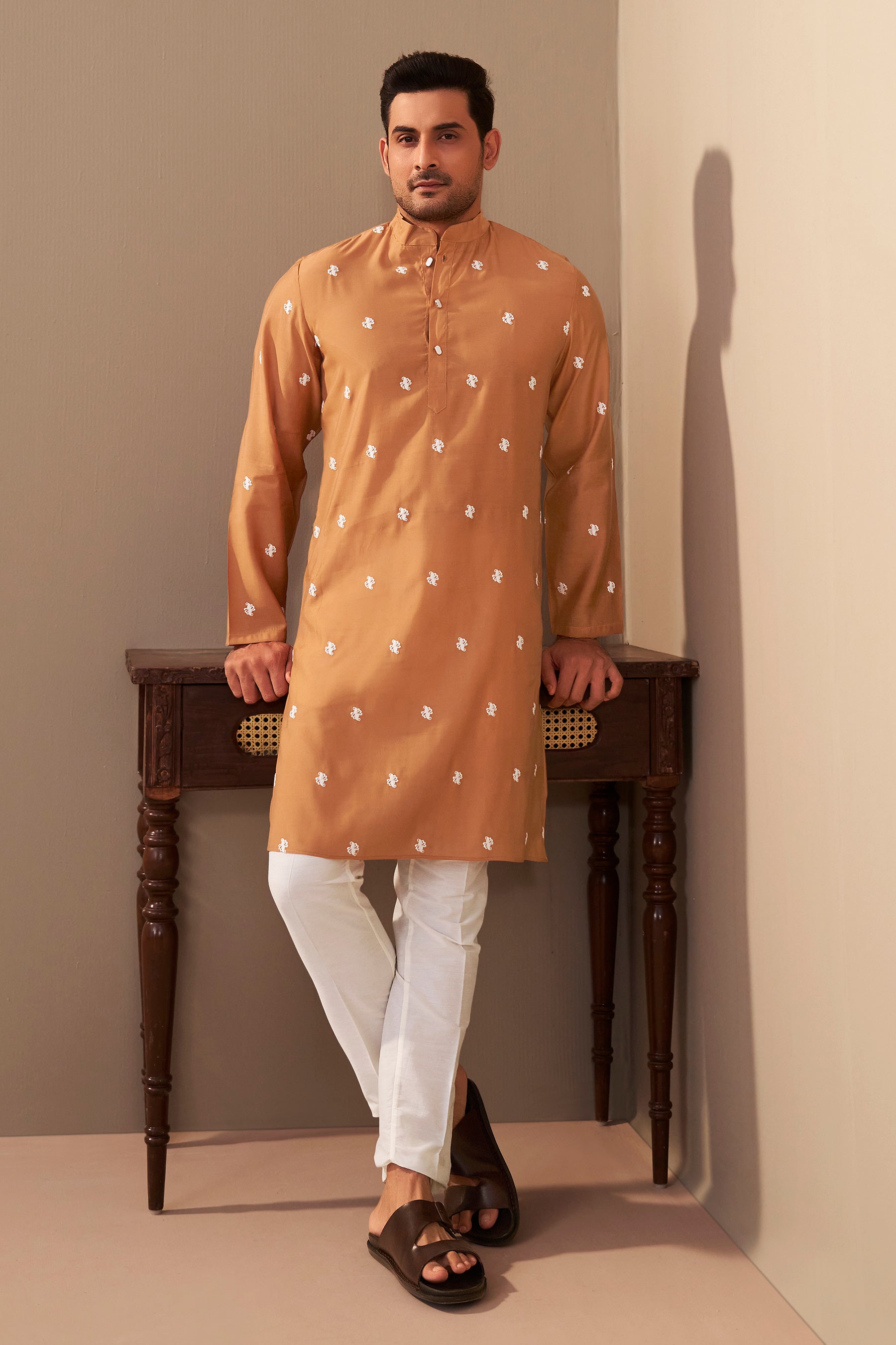 Orange Roman Silk Kurta Men Festive Wedding Ethnic Wear – Ethnoir India