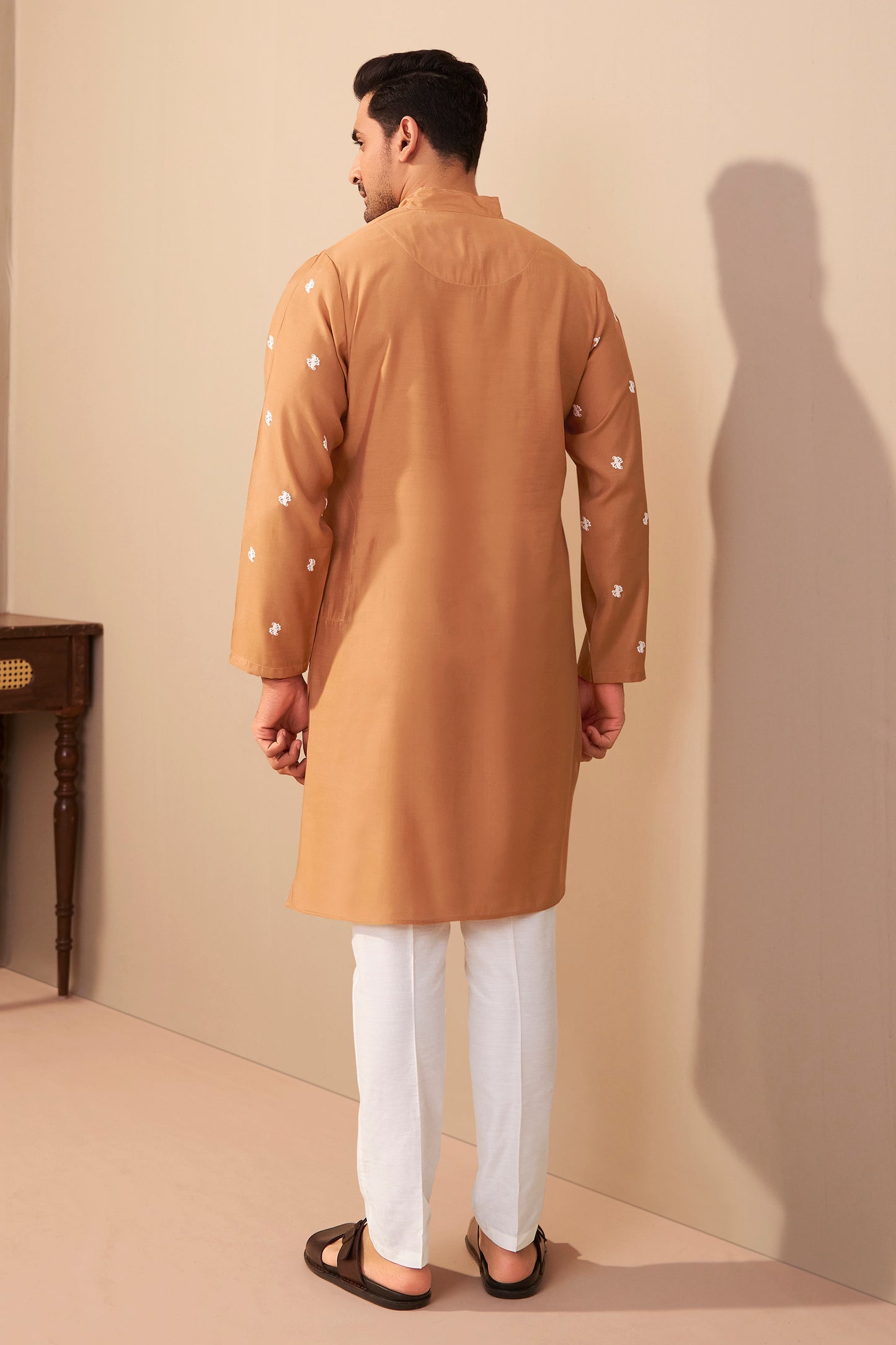 Orange Silk Embroidered Kurta for Men Side View – Ethnoir India