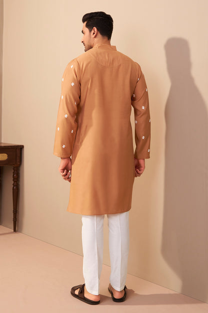 Orange Silk Embroidered Kurta for Men Side View – Ethnoir India