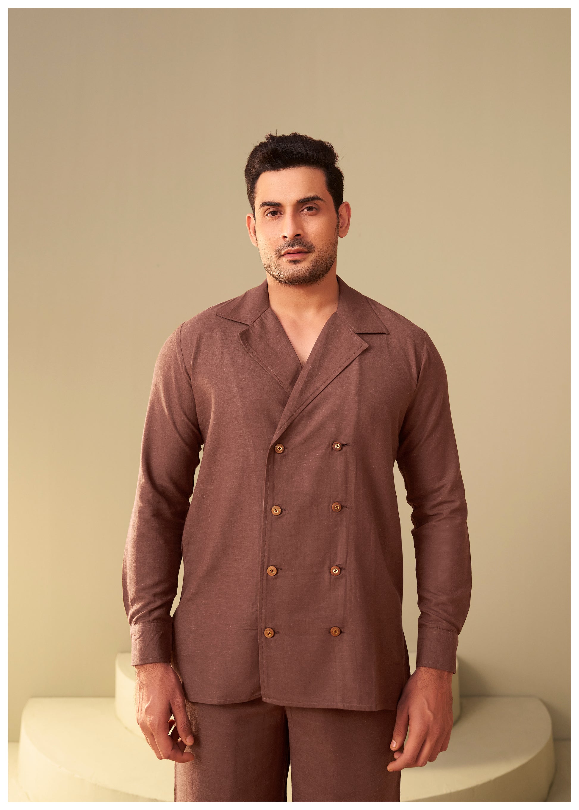Brown Double-Breasted Linen Co-Ord Set Men Side View – Ethnoir India
