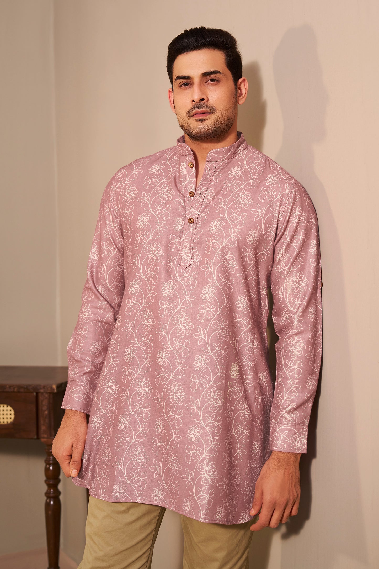 Rose Pink Short Kurta Men Back View – Poly Linen Ethnoir